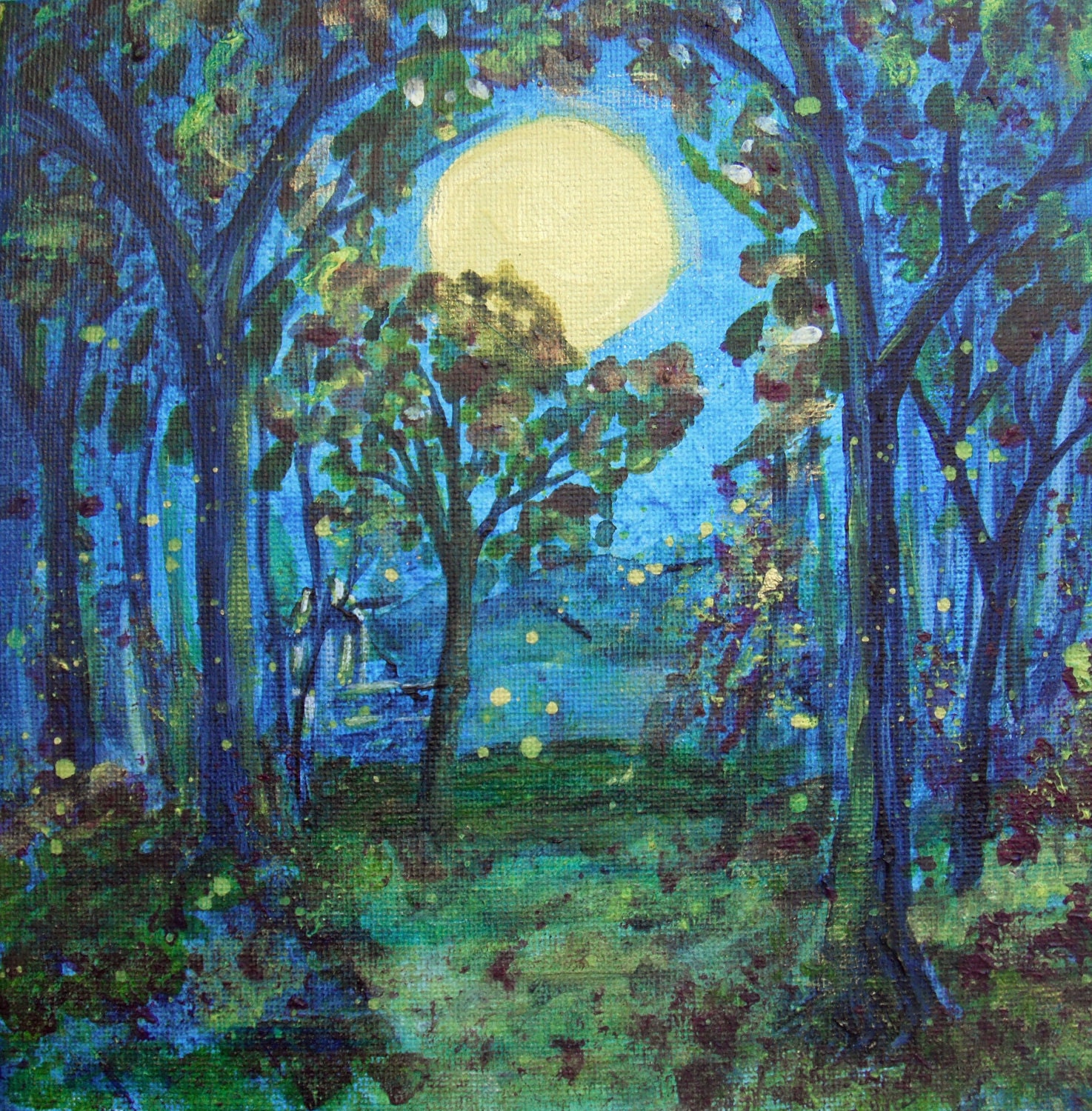 ORIGINAL  Abstract Acrylic Moon Night  Trees Landscape Hidden Cabin