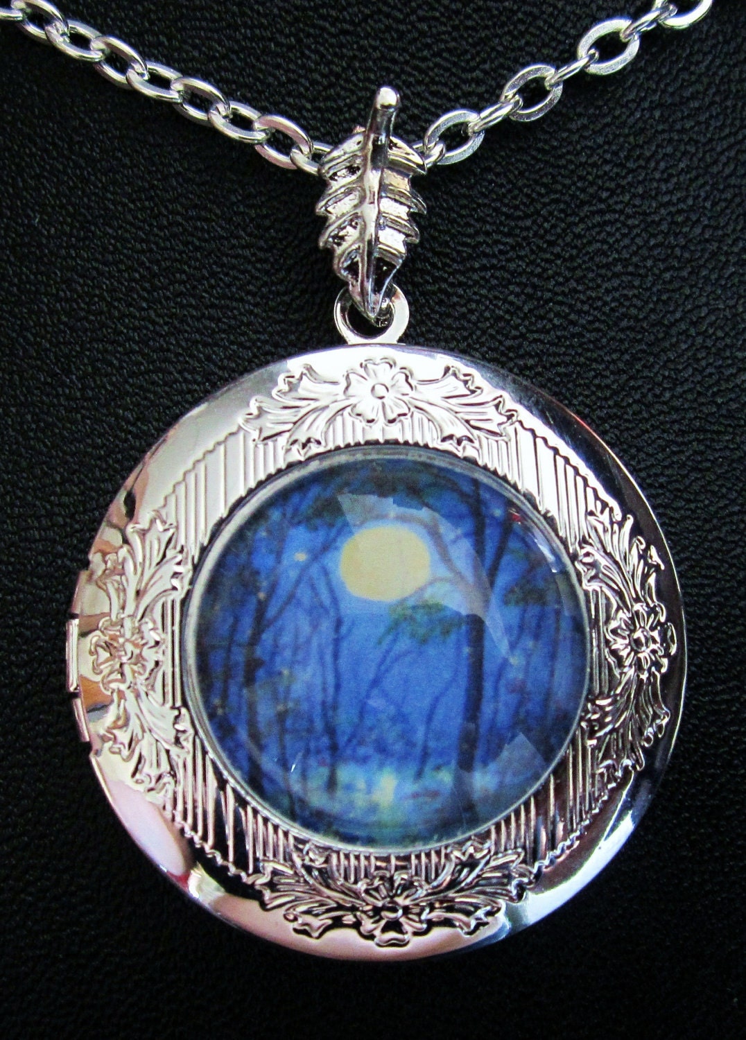 Fireflies Moon Trees  Round Silver Locket  Wearable Art Victorian Style Fireflies in the Moonlight