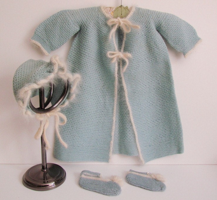Vintage Blue Newborn Sweater Coat Hand Knit Heirloom Baby Sweater Photo Shoot Prop Blue White Trim Hat Booties Long Coat