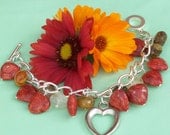 Heart Shaped Red Coral, Quartz and Silver tone Heart Charm Bracelet, Red Bracelet, Gemstone Bracelet, Handmade Jewelry