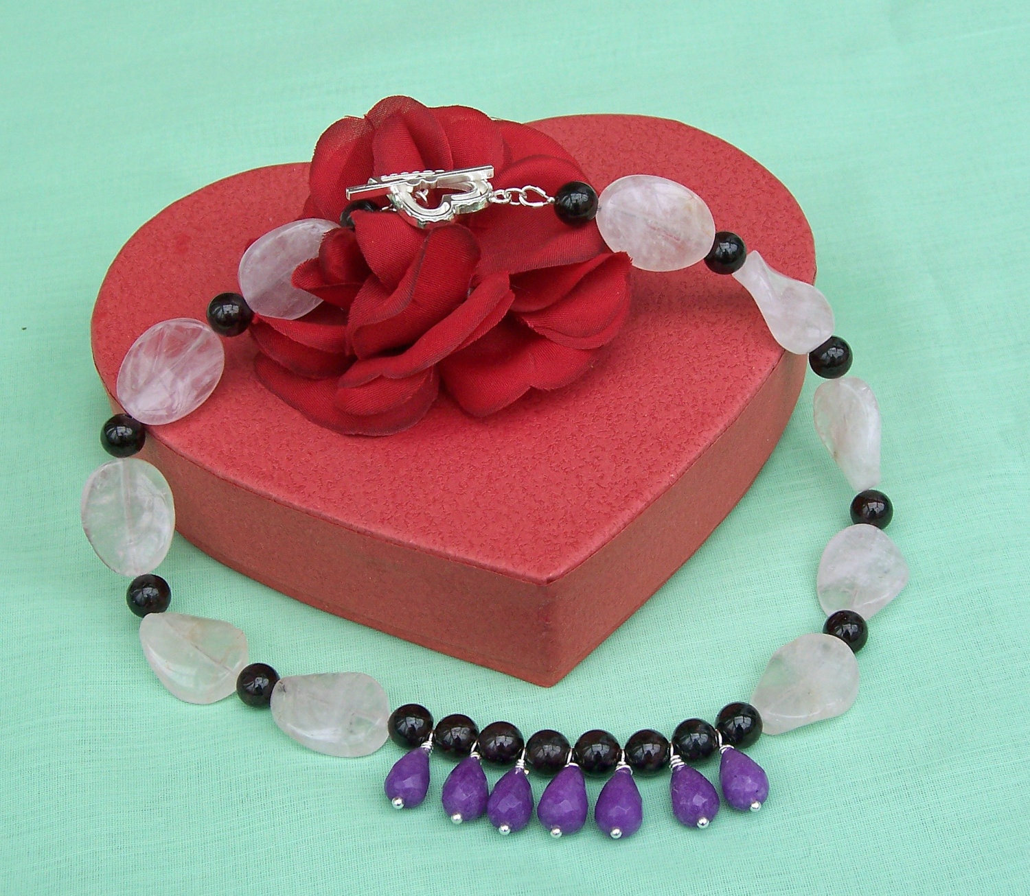 Rose Quartz, Purple Jade and Garnet Necklace, Gemstone Necklace, Purple, Red and Pink Necklace, UK Seller