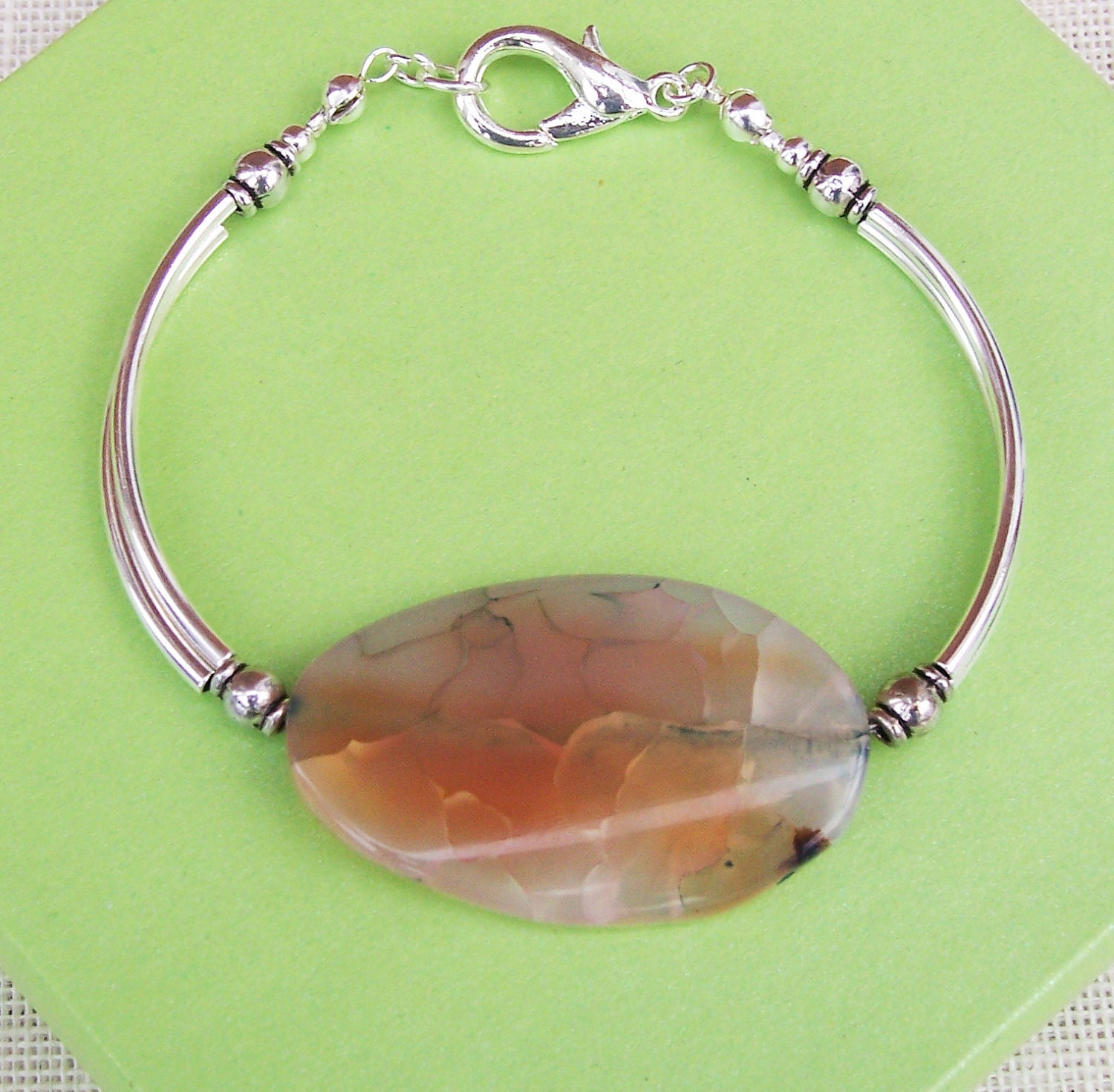 Agate Bracelet with Silver Tubes, Gemstone bracelet, Beige  Blue Bracelet, Handmade Jewelry, UK Seller