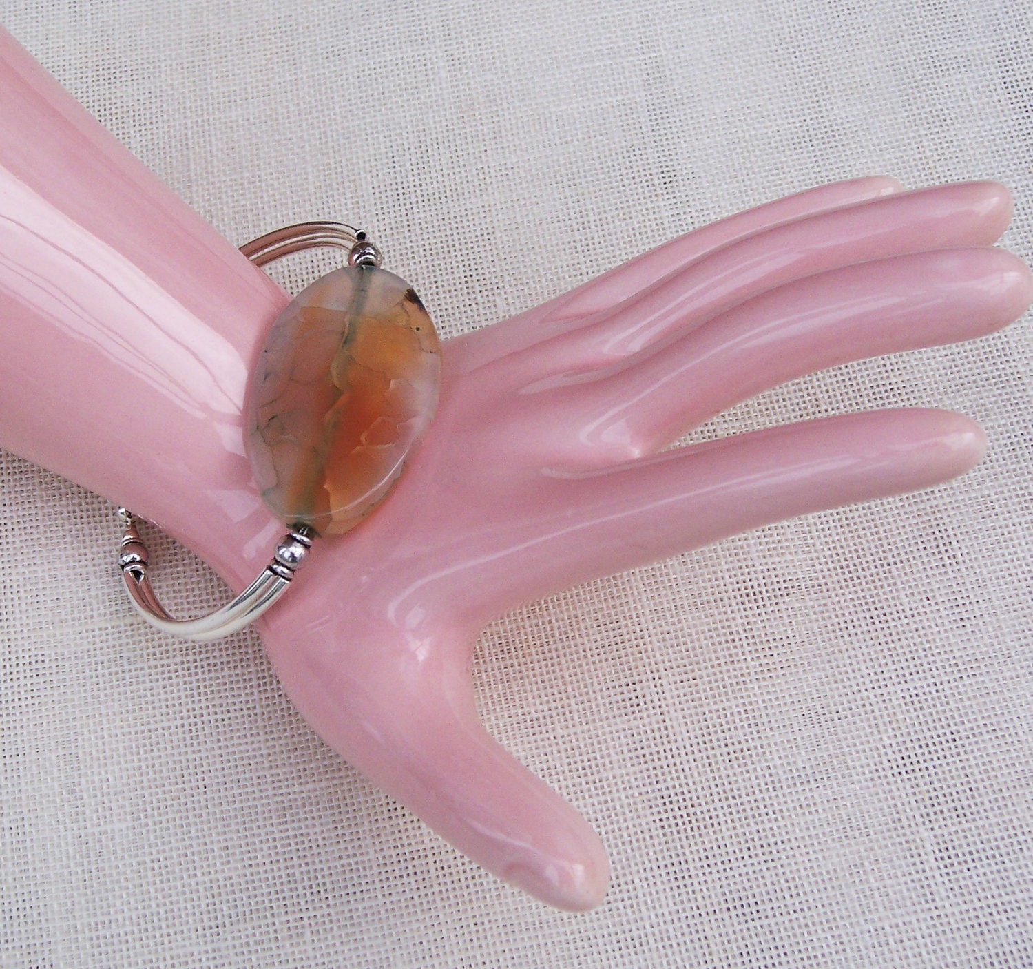 Agate Bracelet with Silver Tubes, Gemstone bracelet, Beige  Blue Bracelet, Handmade Jewelry, UK Seller
