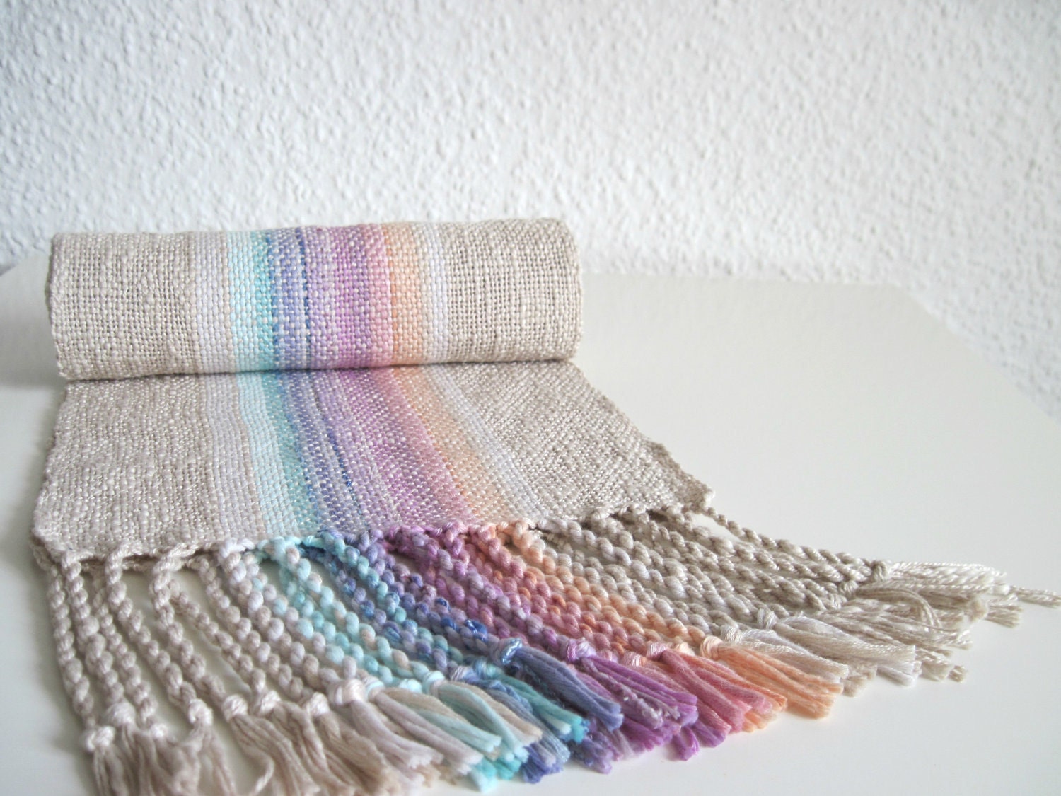Handwoven Scarf - Cotton and Eco Friendly Fibers Pinks and Blue - 'Clouds at Sunset' - SameheartDesigns