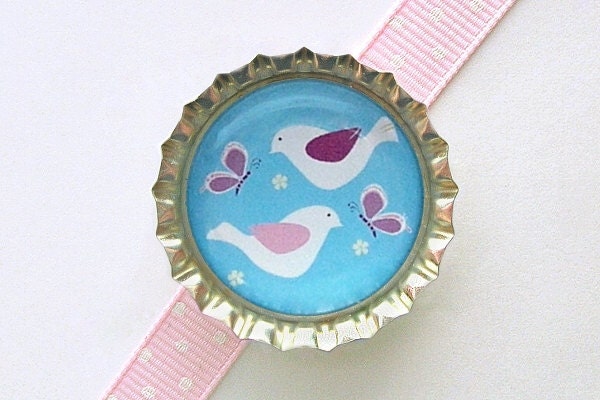 Blue Birds & Butterflies Bottle Cap Magnet - bird magnet, bird wedding favor, fridge magnet, bird decoration, blue kitchen decor, home decor