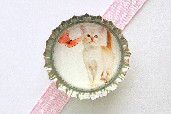 Kitten & Butterfly Bottle Cap Magnet - gifts for cat lovers, fridge magnets, cute cat magnets, cat kitten magnets, cat decorations, kitchen