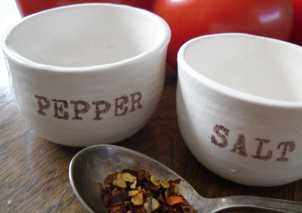 handmade SALT and-or PEPPER cellars, white ceramic and dark brown text printed, salt and pepper dishes