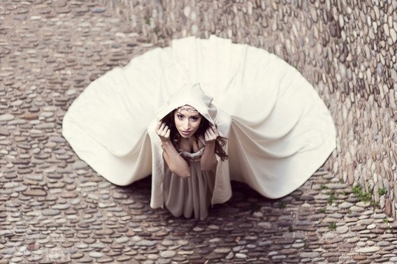 White bridal cloak white ivory satin cape with hood - CostureroReal