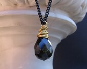 Black & Gold Teardrop Necklace - Facetted Gold Sand Quartz Teardrop, Wire Wrapped, Black Chain - Athena by We Are 1