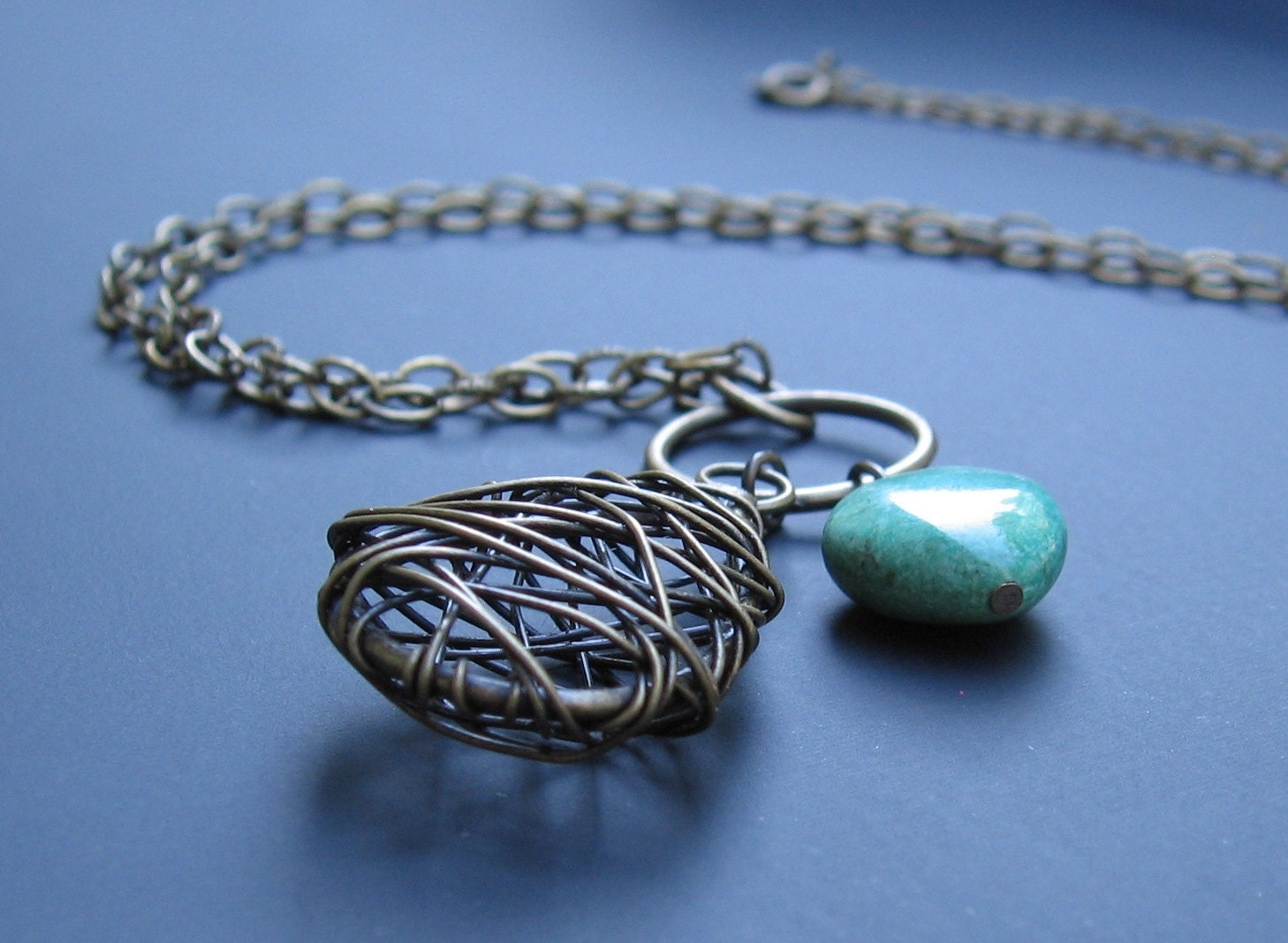 Green Turquoise Heart and Oxidized Brass Wire Wrapped Teardrop Pendant - NECKLACE