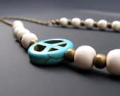 Turquoise Peace, White Wood, Brass Spacers & Brass Chain - NECKLACE