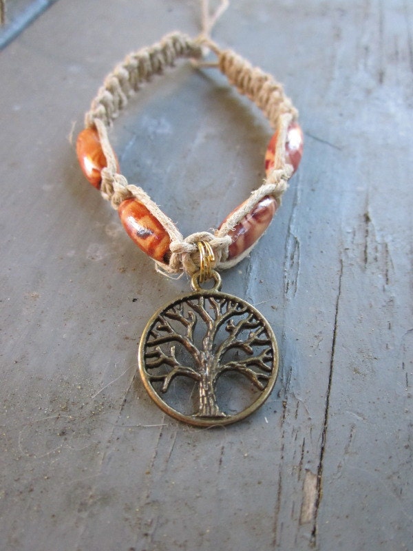 Antiqued Tree of Life Hemp Bracelet with Wooden Beads