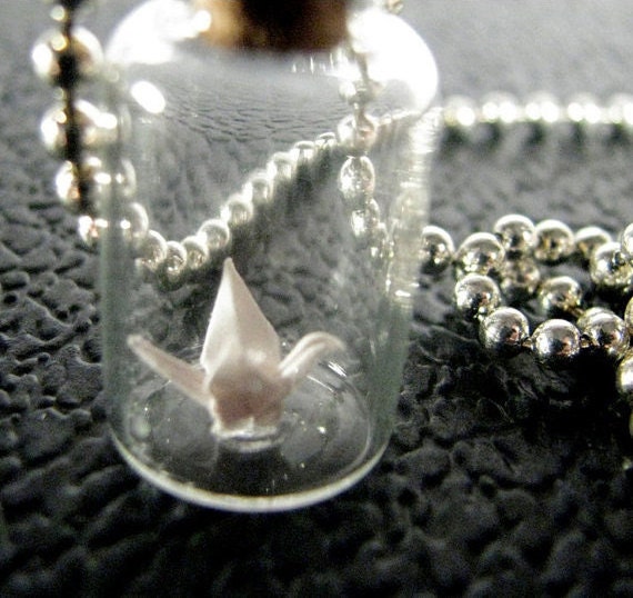 Glow in the Dark Origami Crane Bottle Pendant Necklace