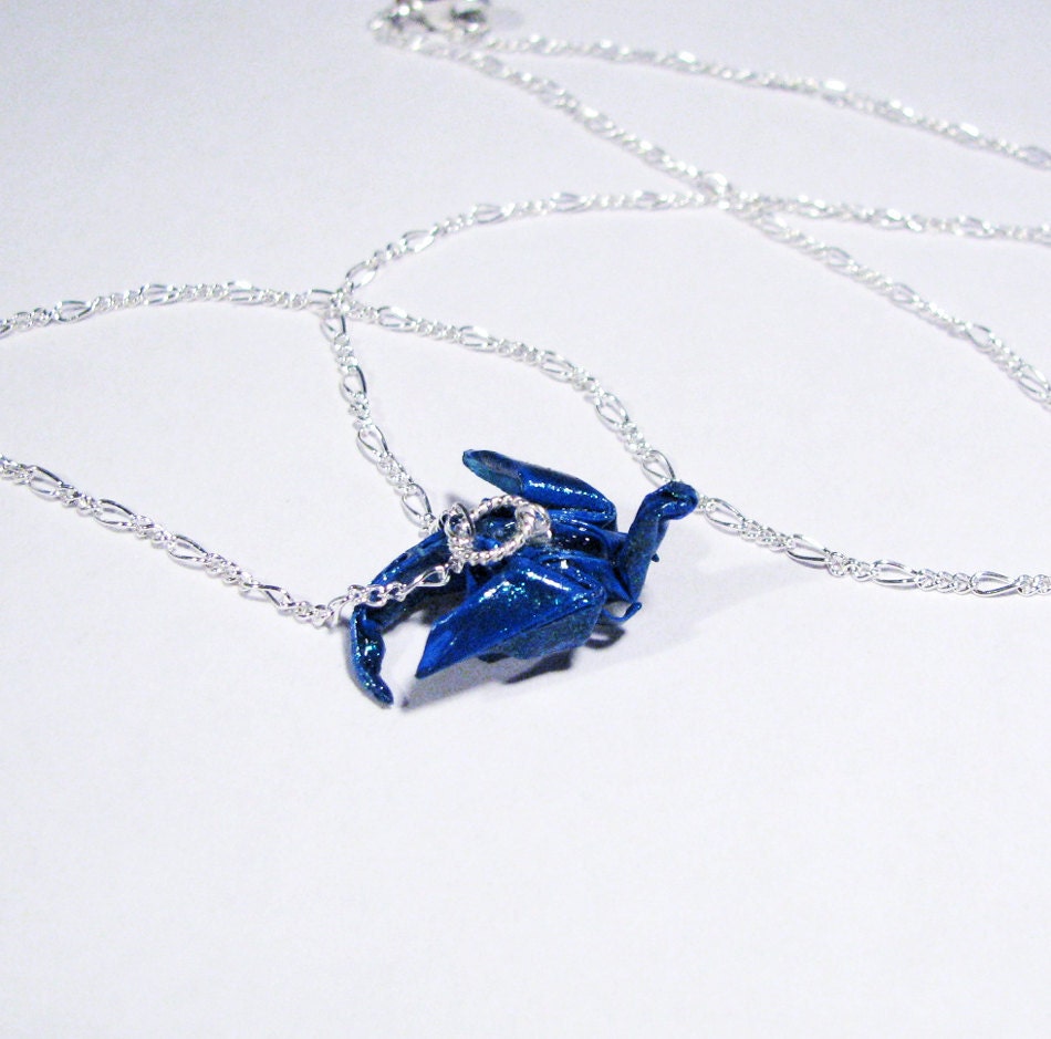 Origami Dragon Necklace - Dark Blue Glittering Dragon on Sterling Silver chain