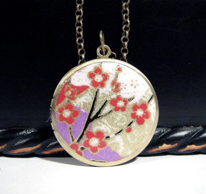 Red Cherry Blossoms Locket Necklace 32mm" Round 24" Bronze