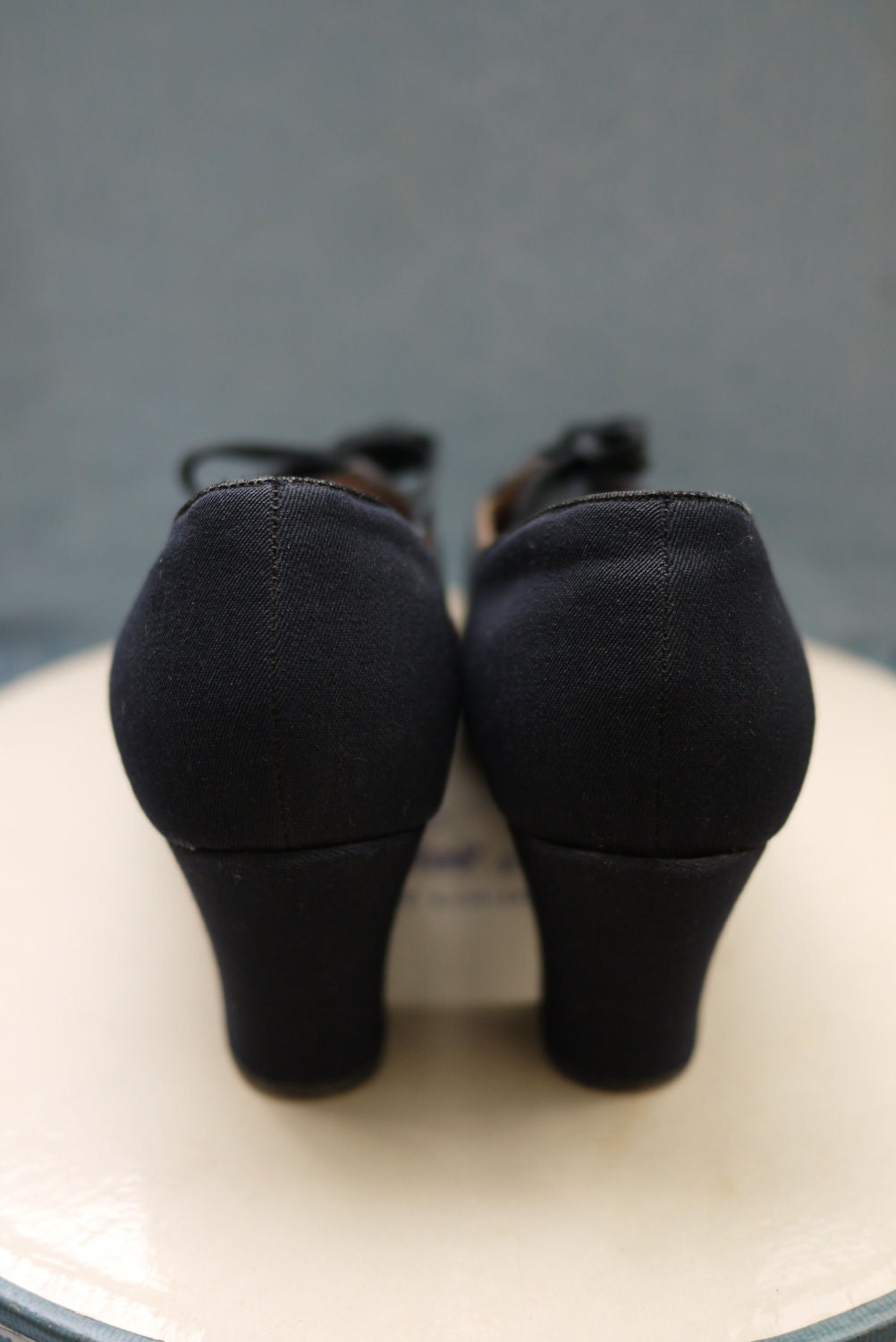 1940's Black Wool and Cotton Peep Toe Heels Size 7 1/2