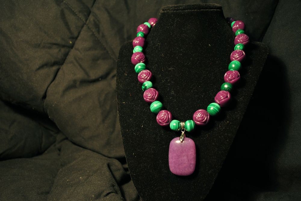 Purple Rose with Upcycled Green Glass Necklace