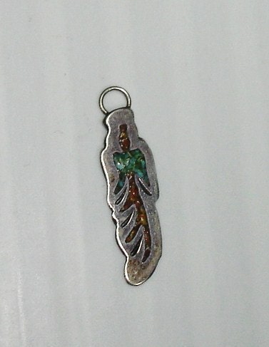 Vintage Sterling Silver Native American Inlaid Turquoise & Coral Feather Charm or Pendant