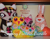 Animal Pillow Sewing Pattern Bundle, Fox, Owl, Bunny Plushies  - 3 Animal Plushie Pillow PDF Sewing Patterns Only 11.00