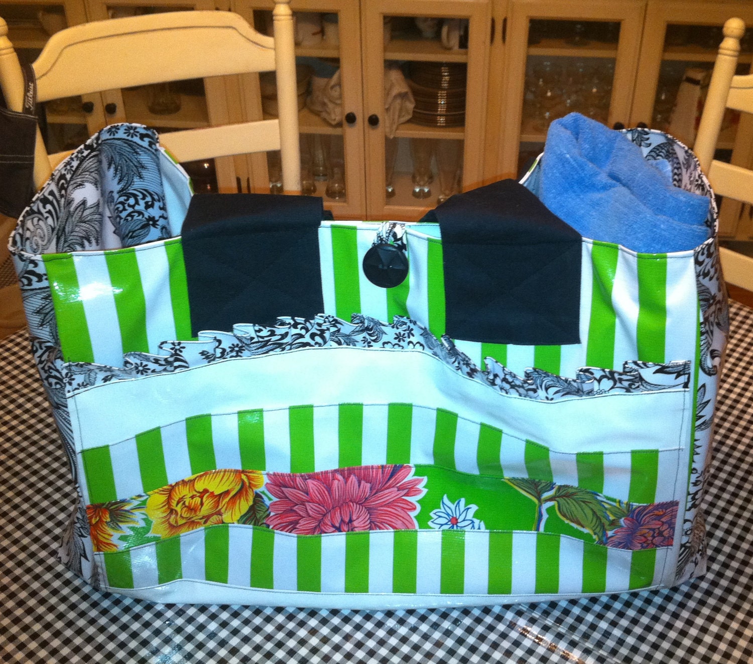 Green Stripe Flowers Oilcloth Beach Pool Bag or Tote Fully Lined