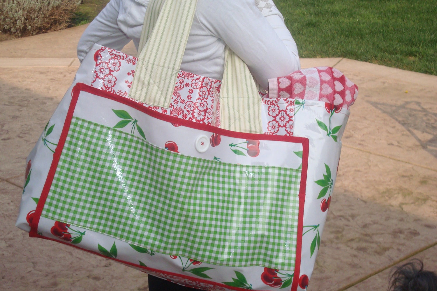 Ultimate Resort Pool or Beach Bag Oilcloth Red Cherry White Green Check Stripe and White Fully Lined