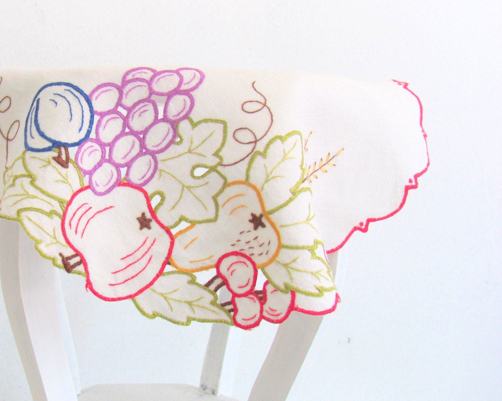 Vintage Linen Doily Table Topper Embroidered Fruit Hand Crafted SALE