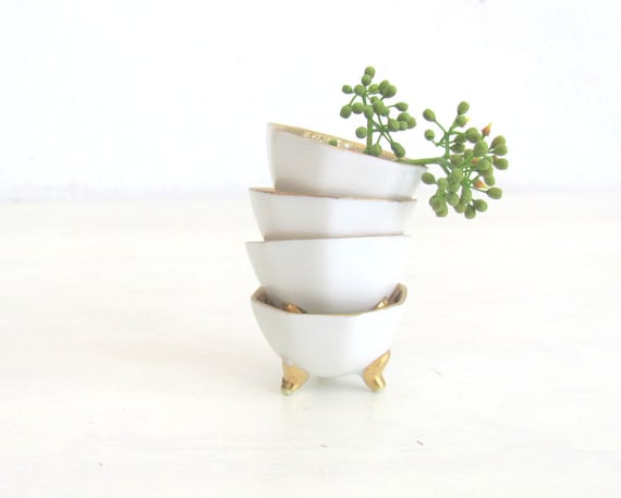 Vintage Porcelain Salt Cellars Tea Bag Caddy White Porcelain Art Nouveau Design