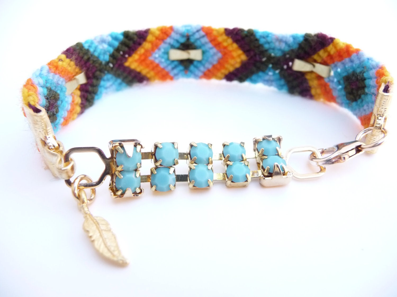 Blue Bell Friendship Bracelet with Turquoise Rhinestone Chain