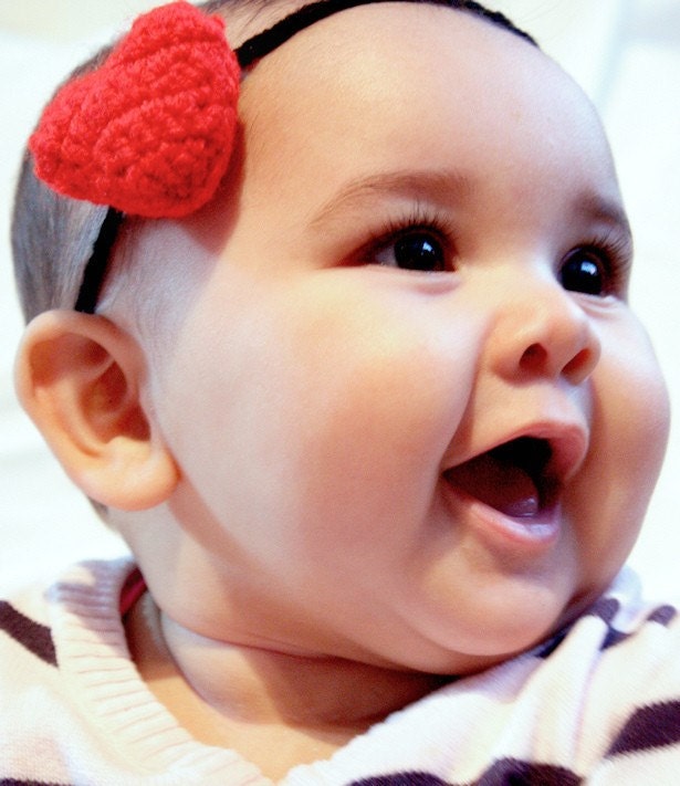 SALE 3 to 6m Red Heart Baby Headband Infant Headband - Crochet Red Black Plush Love Heart Skinny Headband Baby Photo Prop