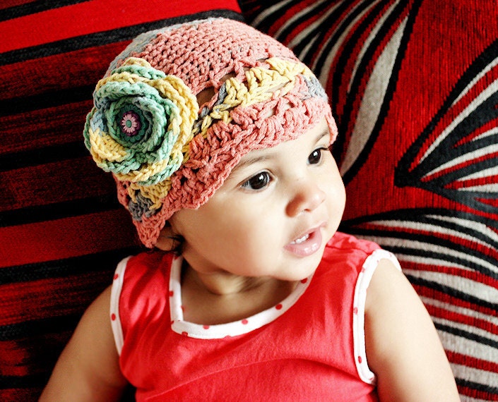 SALE 12 to 24m Baby Flapper Hat Red Baby Cloche Hat - Crochet Summer Rose Flower Flapper Beanie Crochet Baby Hat Photo Prop