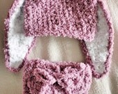 SALE 6 to 12m Baby Bunny Hat And Crochet Diaper Cover Set - Baby Beanie Crochet Baby Hat Bunny Ears in Plum White Bunny Photo Prop