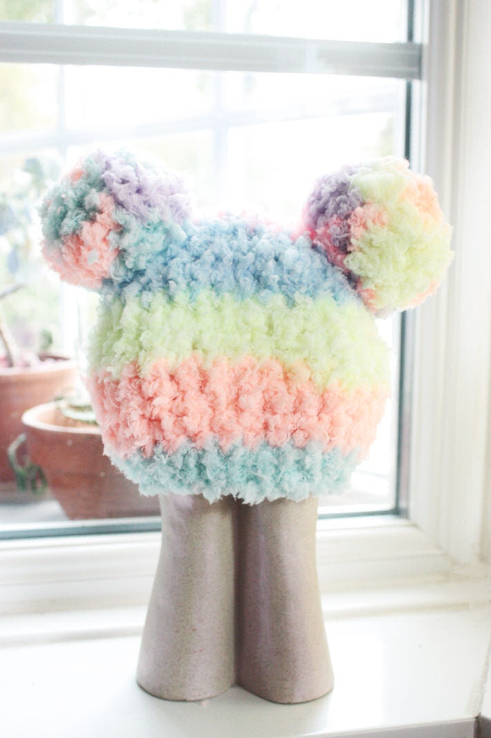 SALE 3 to 6m Baby Pom Pom Hat Rainbow Hat Baby Photo Prop - Crochet Baby Hat Double Pom Pom Rainbow Beanie Pom Pom Beanie