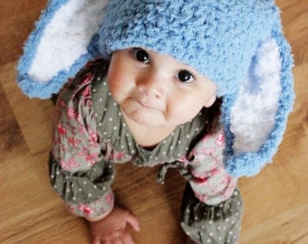 SALE 12 to 24m Blue Bunny Hat Crochet Boy Baby Hat - Blue Bunny Ears Flopsy Rabbit Hat Boy Toddler Photo Prop