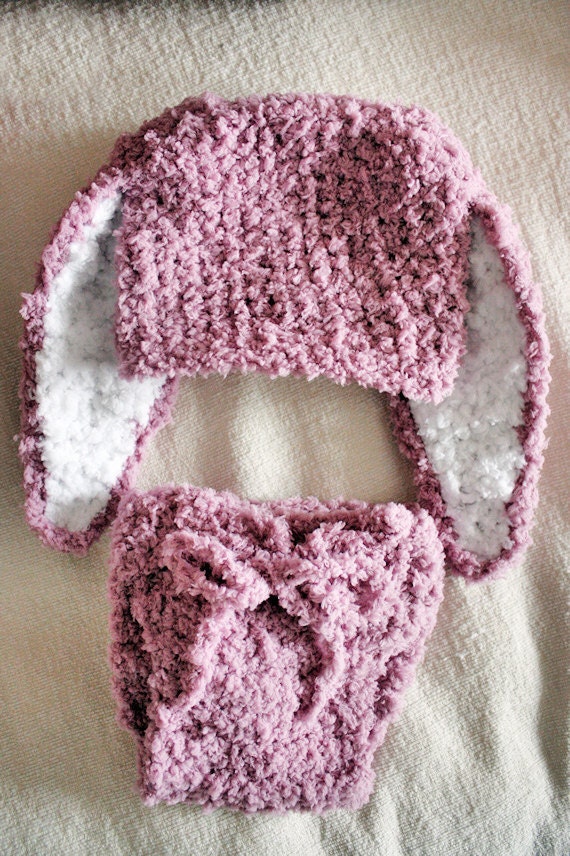 SALE 0 to 3m Plum Bunny Diaper Cover Set Newborn Girl Baby Hat Bunny Hat Set Photo Prop - Baby Shower Gift Infant Hat Bunny Ear Newborn Hat