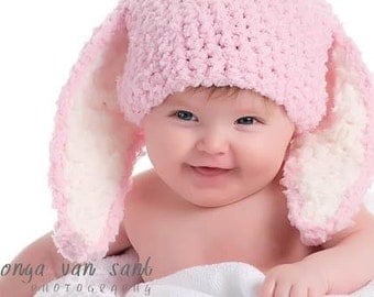 SALE 3 to 6m Baby Baby Bunny Hat Baby Beanie Hat Bunny Ears - Crochet Baby Hat in Baby Pink White Rabbit Crochet Hat Photo Prop