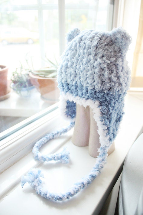 SALE Adult Earflap Bear Hat - Crochet Womens Hat in Lagoon Blue Light Blue White Earflap Hat Bear Ears Photo Prop