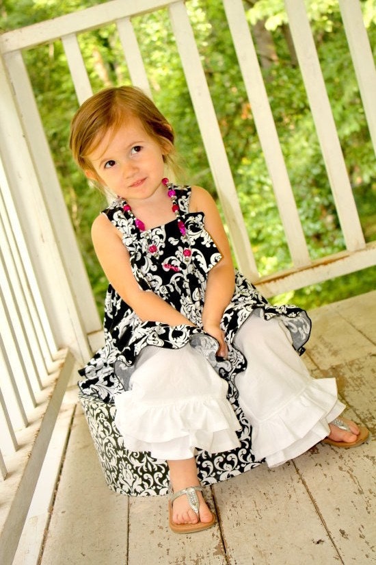 Black and White Damask Knot Top and Double Ruffle Pants Sizes 6-12 M, 12-18 M, 18-24 M, 2, 3, 4, 5.