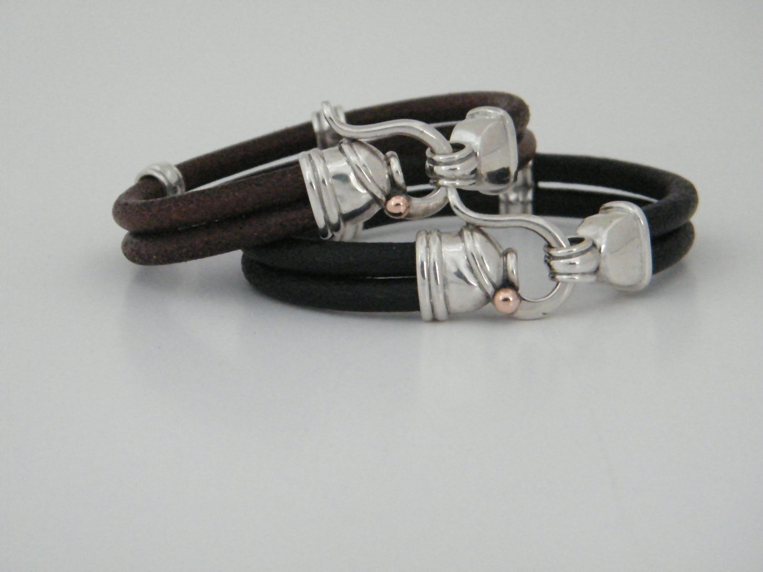 Leather Bracelet For Man and Woman Brown and Black Two Leather Straps with Classic Lock