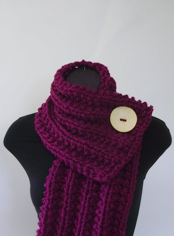 Wild Berry Purple Chunky Knit Cowl with Large White Button