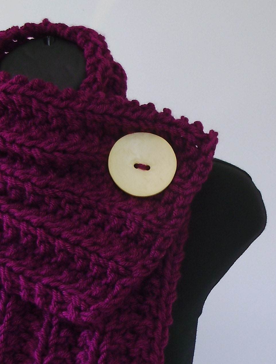 Wild Berry Purple Chunky Knit Cowl with Large White Button