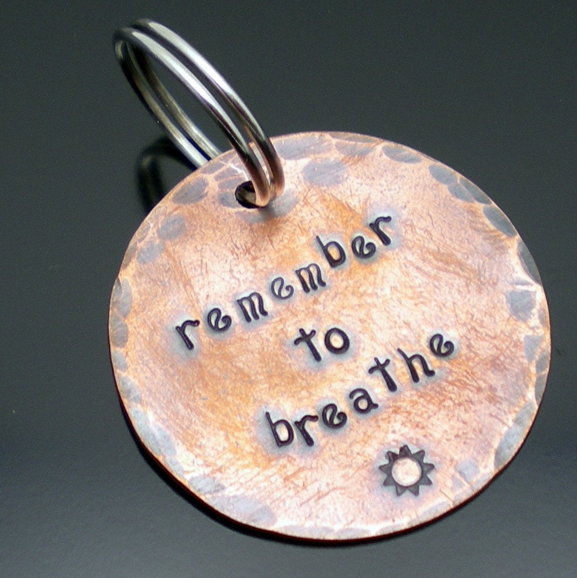 Round Copper Keyring- remember to breathe - WireTreeWords