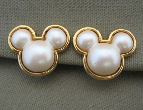 Disney Signed Mickey Mouse Pearl Earrings by