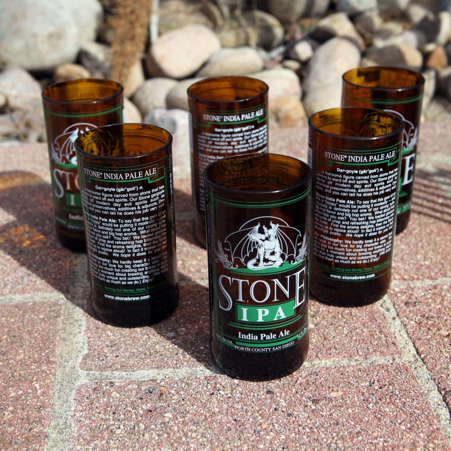 Stone IPA Six Pack 8 ounce glasses made from repurposed bottles
