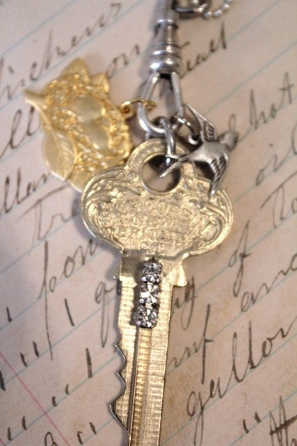 Vintage Blinged Key, Bird's Nest Charm and Bird Pendant Necklace