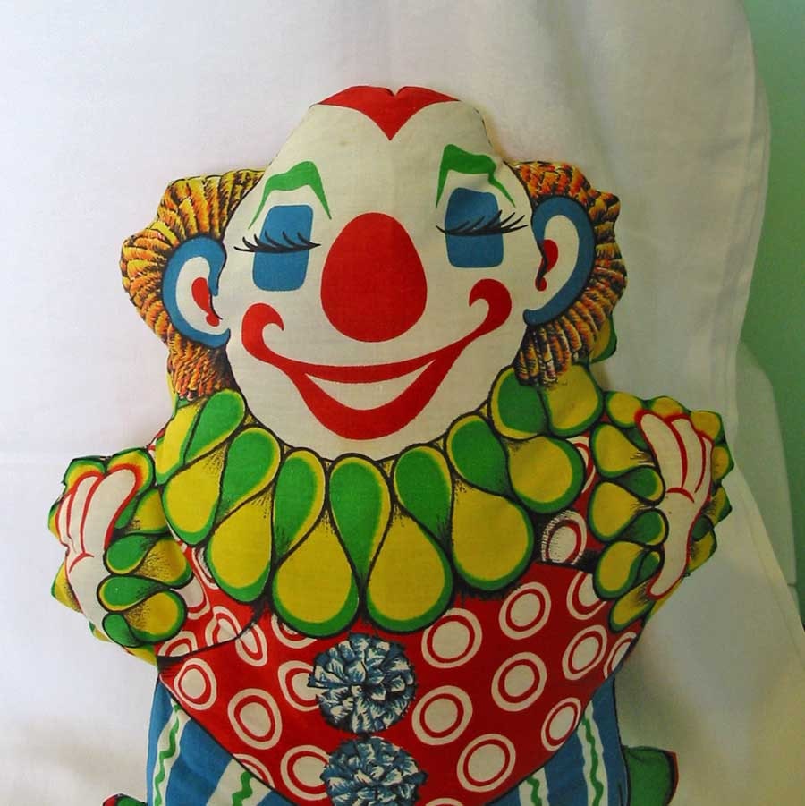 Soft Cuddly CIRCUS CLOWN PILLOW Smiling Face, Vintage Handmade Doll, Cotton Body, Bright Happy Colors