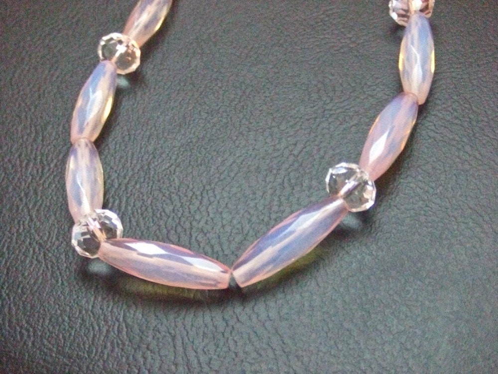 Pink opalite quartz crystal necklace barrel beads ribbon 29mm