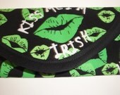 Saint Patricks day Green Kisses cotton fabric, Kiss Me I'm Irish Money cash Wallet, Clutch, envelope, bags and purses