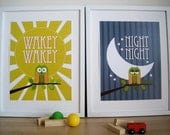 OWL Art for Kids Wall Print , Owl Art for Nursery - Set of 2 - 8X10, Night and Wakey