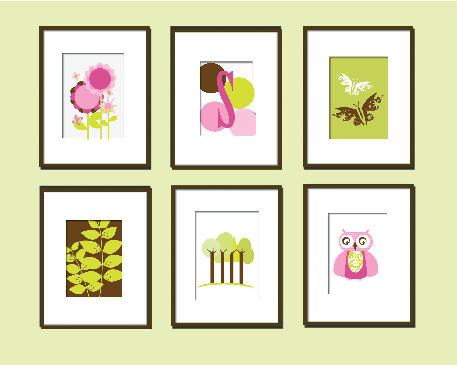 Modern Art for Girls room or Nursery - Set of Six-  5X7  -Nature Dwelling