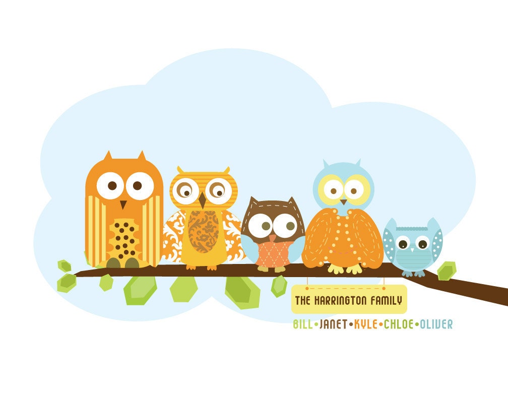 Family Art print for Nursery- Owl Family- 12X16 Inches, Other sizes